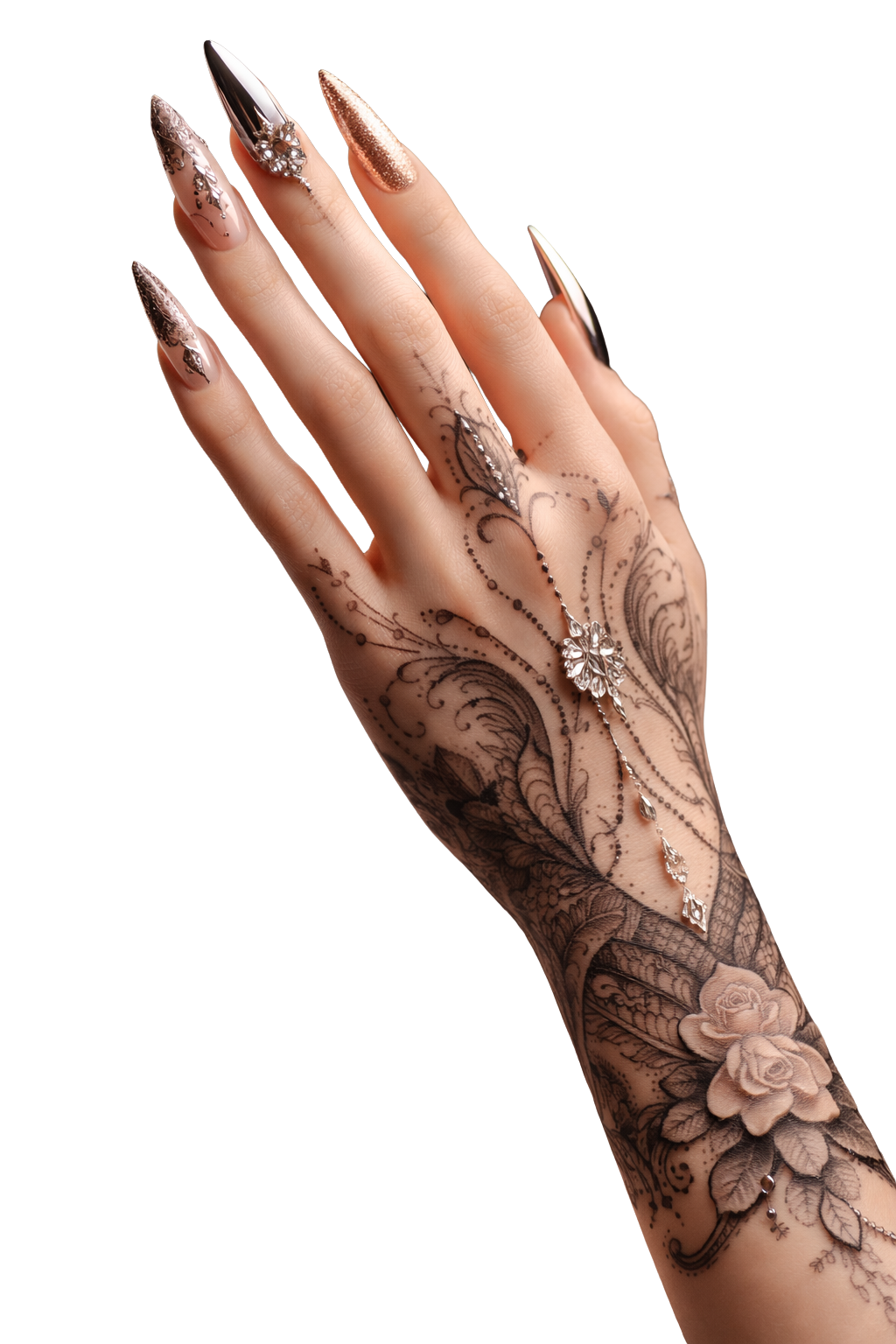 Right hand with nails and tattoo